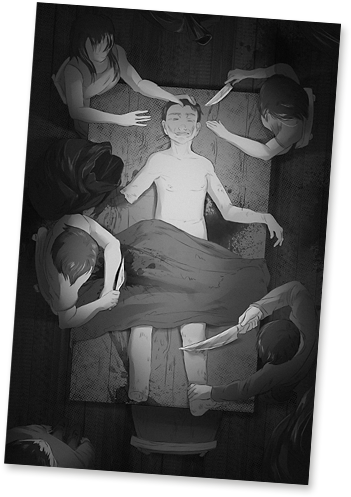 L'illustration tirée du livre "Tremblez" de McSkyz présente une scène sombre et angoissante. Au centre de l'image, un homme allongé, torse nu, les yeux fermés, semble inconscient ou vulnérable, recouvert partiellement par un drap qui laisse entrevoir son corps. Autour de lui, cinq personnages se penchent, tenant chacun des couteaux ou des instruments tranchants, prêts à intervenir. Leurs visages sont en grande partie cachés par l'ombre, ce qui ajoute une tension mystérieuse à la scène. La palette de couleurs, en noir et blanc avec des nuances de gris, accentue l'atmosphère lugubre et oppressante, renforçant un sentiment de menace imminente. La composition de l'image, vue de haut, plonge le spectateur dans une perspective presque chirurgicale, comme un observateur involontaire d’un rituel ou d'une scène de torture, capturant parfaitement l’essence de l’horreur et du suspense présents dans le livre.